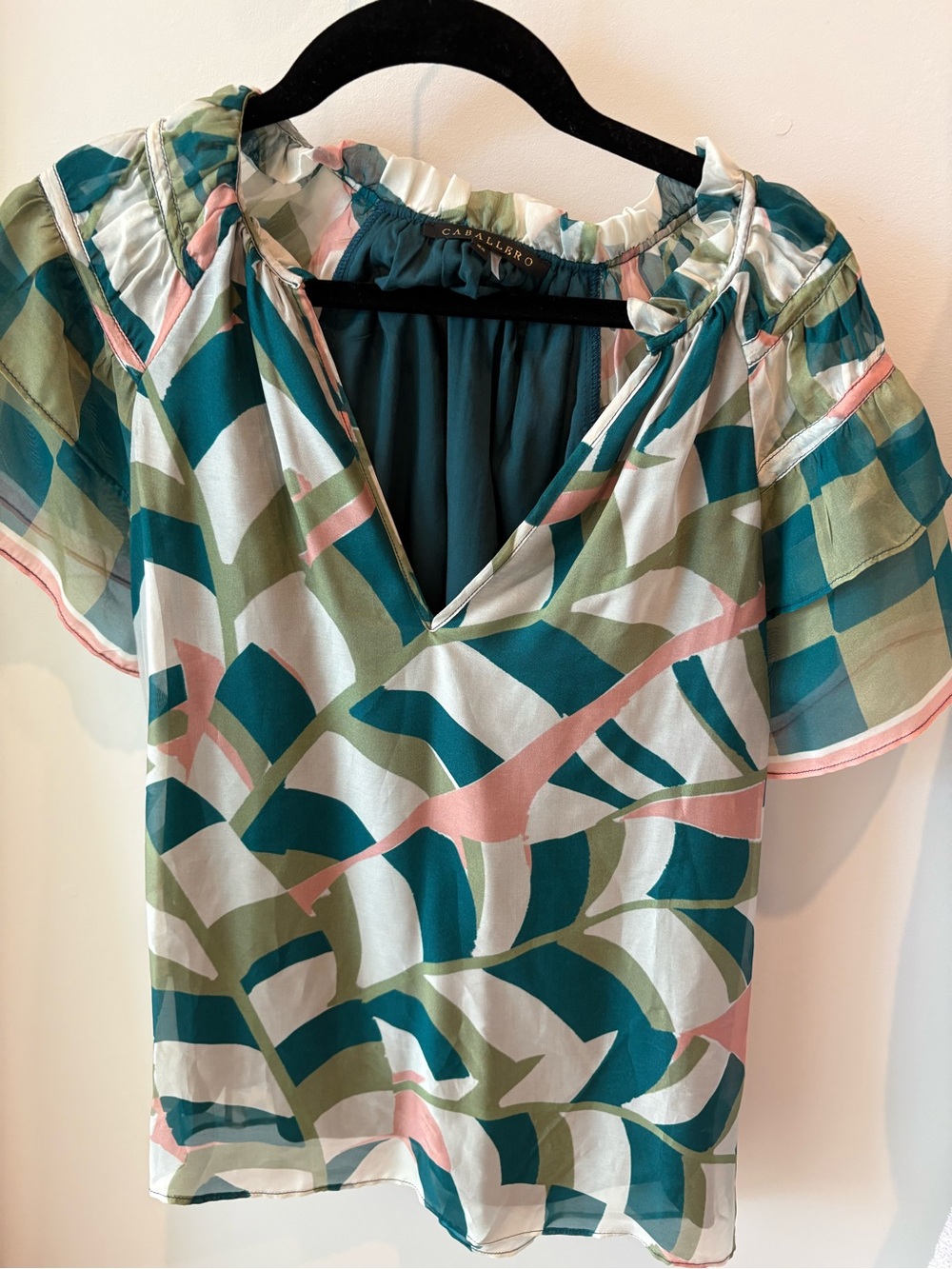 Caballero Teal, Olive & Pink Printed V-Neck Women's Blouse